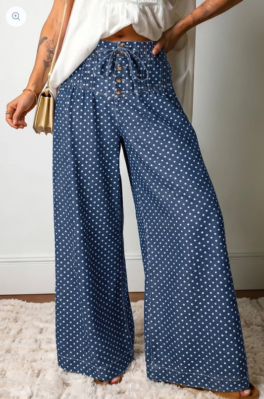 Blue Polka Dot Wide Leg Jeans